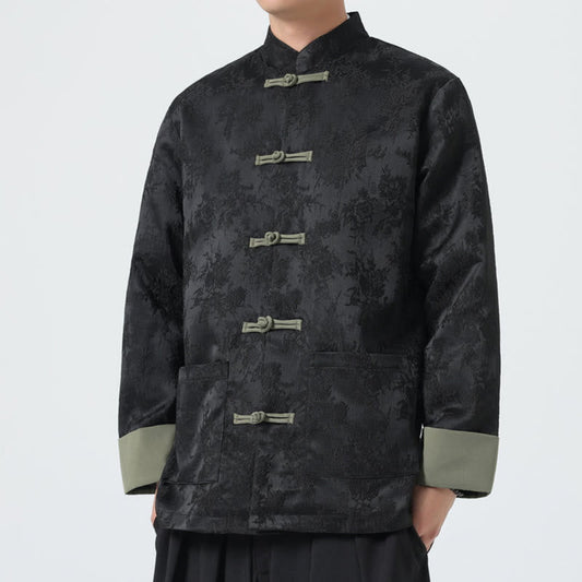Buddha Stones Jacquard Frog-Button Long Sleeve Men's Cotton Jacket Tang Suit With Pockets
