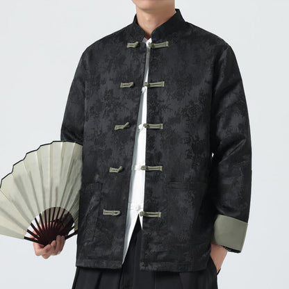 Buddha Stones Jacquard Frog-Button Long Sleeve Men's Cotton Jacket Tang Suit With Pockets