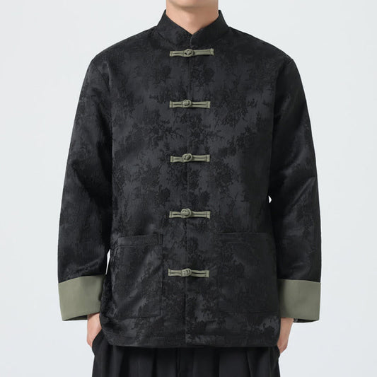 Buddha Stones Jacquard Frog-Button Long Sleeve Men's Cotton Jacket Tang Suit With Pockets