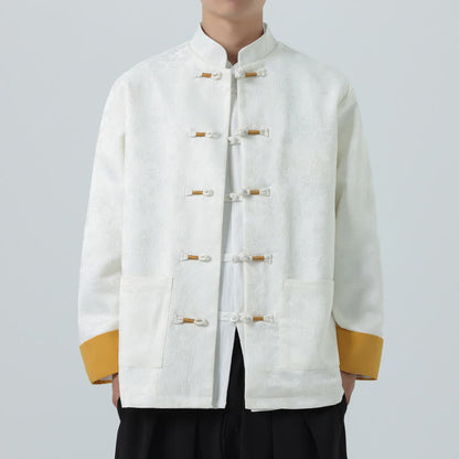 Buddha Stones Jacquard Frog-Button Long Sleeve Men's Cotton Jacket Tang Suit With Pockets