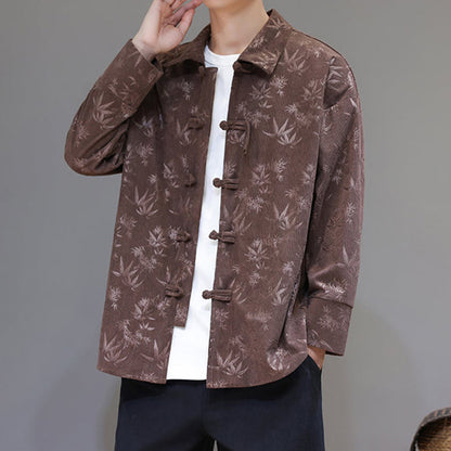Buddha Stones Jacquard Leaves Pattern Frog-Button Long Sleeve Men's Cotton Tang Suit Jacket