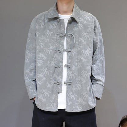 Buddha Stones Jacquard Leaves Pattern Frog-Button Long Sleeve Men's Cotton Tang Suit Jacket