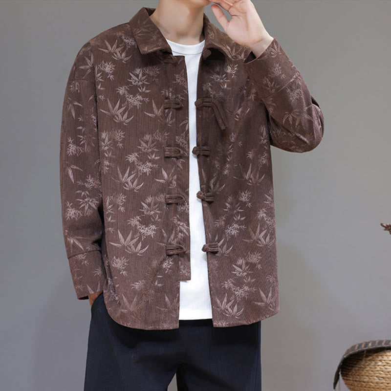Buddha Stones Jacquard Leaves Pattern Frog-Button Long Sleeve Men's Cotton Tang Suit Jacket