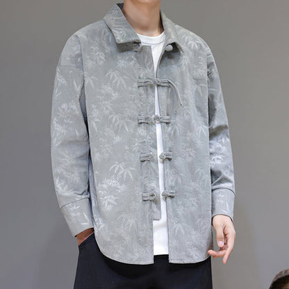 Buddha Stones Jacquard Leaves Pattern Frog-Button Long Sleeve Men's Cotton Tang Suit Jacket