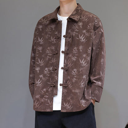 Buddha Stones Jacquard Leaves Pattern Frog-Button Long Sleeve Men's Cotton Tang Suit Jacket