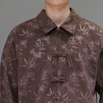 Buddha Stones Jacquard Leaves Pattern Frog-Button Long Sleeve Men's Cotton Tang Suit Jacket