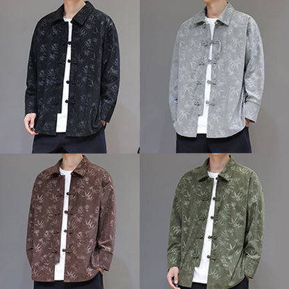 Buddha Stones Jacquard Leaves Pattern Frog-Button Long Sleeve Men's Cotton Tang Suit Jacket