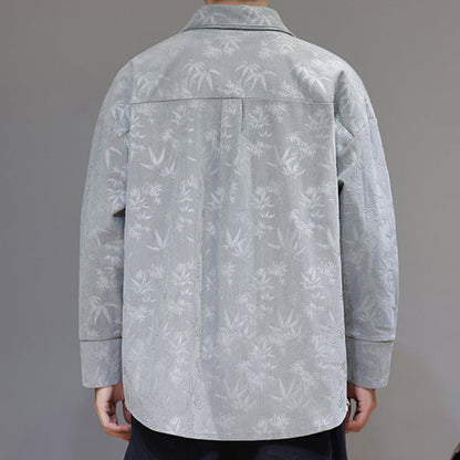 Buddha Stones Jacquard Leaves Pattern Frog-Button Long Sleeve Men's Cotton Tang Suit Jacket