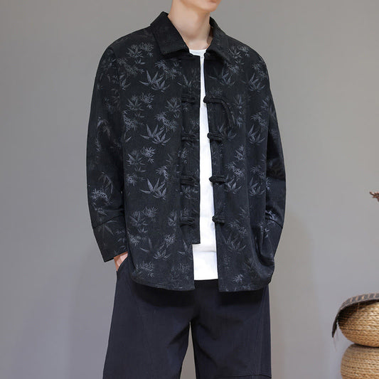 Buddha Stones Jacquard Leaves Pattern Frog-Button Long Sleeve Men's Cotton Tang Suit Jacket