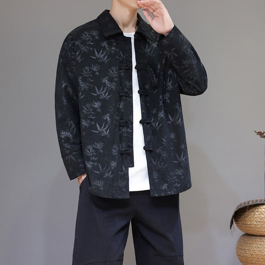 Buddha Stones Jacquard Leaves Pattern Frog-Button Long Sleeve Men's Cotton Tang Suit Jacket
