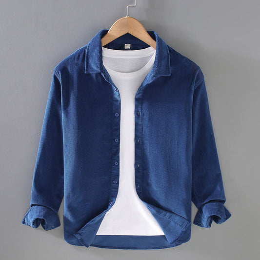 Buddha Stones Men's Solid Color Buttons Design Long Sleeve Pure Cotton Corduroy Shirt