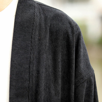 Buddha Stones Solid Color Open Front Long Sleeve Jacket Men's Cotton Corduroy Kimono With Pockets