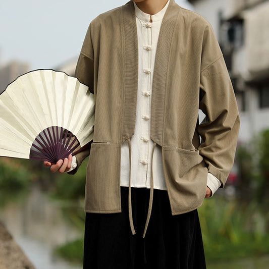 Buddha Stones Solid Color Open Front Long Sleeve Jacket Men's Cotton Corduroy Kimono With Pockets