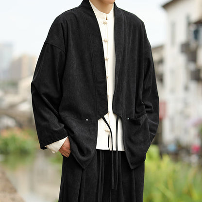 Buddha Stones Solid Color Open Front Long Sleeve Jacket Men's Cotton Corduroy Kimono With Pockets