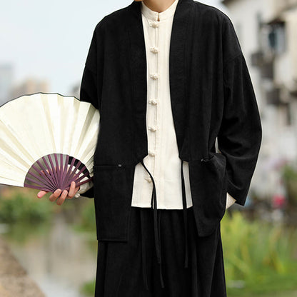 Buddha Stones Solid Color Open Front Long Sleeve Jacket Men's Cotton Corduroy Kimono With Pockets