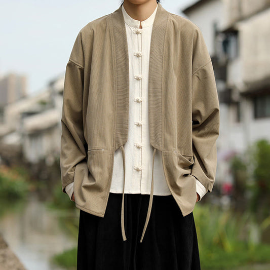 Buddha Stones Solid Color Open Front Long Sleeve Jacket Men's Cotton Corduroy Kimono With Pockets