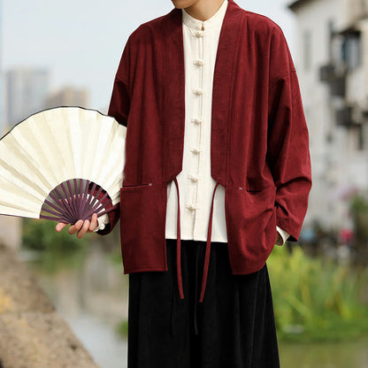 Buddha Stones Solid Color Open Front Long Sleeve Jacket Men's Cotton Corduroy Kimono With Pockets