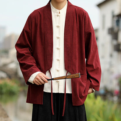 Buddha Stones Solid Color Open Front Long Sleeve Jacket Men's Cotton Corduroy Kimono With Pockets