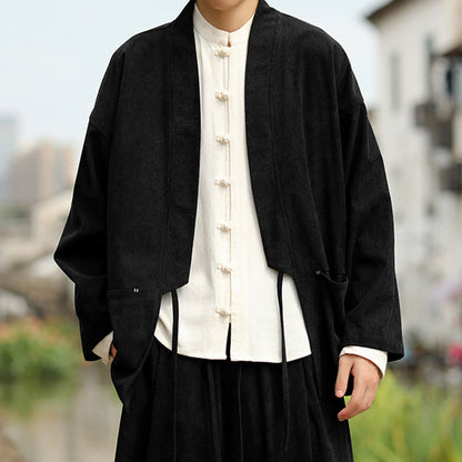 Buddha Stones Solid Color Open Front Long Sleeve Jacket Men's Cotton Corduroy Kimono With Pockets