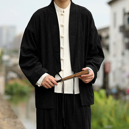 Buddha Stones Solid Color Open Front Long Sleeve Jacket Men's Cotton Corduroy Kimono With Pockets