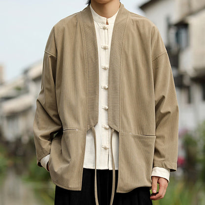 Buddha Stones Solid Color Open Front Long Sleeve Jacket Men's Cotton Corduroy Kimono With Pockets