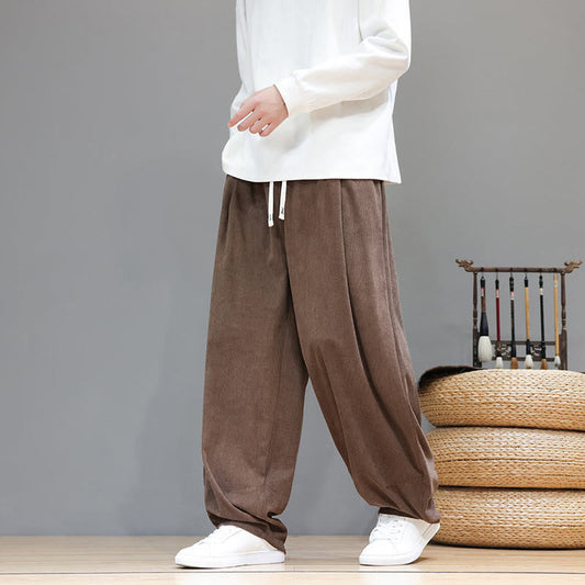 Buddha Stones Plain Color Pure Cotton Corduroy Men's Harem Pants With Pockets
