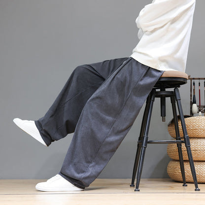 Buddha Stones Plain Color Pure Cotton Corduroy Men's Harem Pants With Pockets