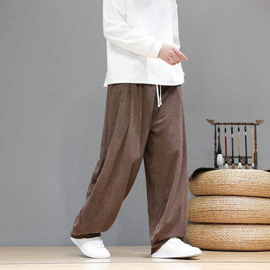 Buddha Stones Plain Color Pure Cotton Corduroy Men's Harem Pants With Pockets