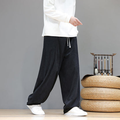 Buddha Stones Plain Color Pure Cotton Corduroy Men's Harem Pants With Pockets