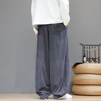 Buddha Stones Plain Color Pure Cotton Corduroy Men's Harem Pants With Pockets