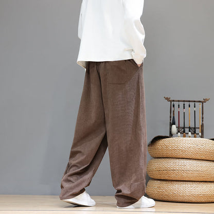 Buddha Stones Plain Color Pure Cotton Corduroy Men's Harem Pants With Pockets