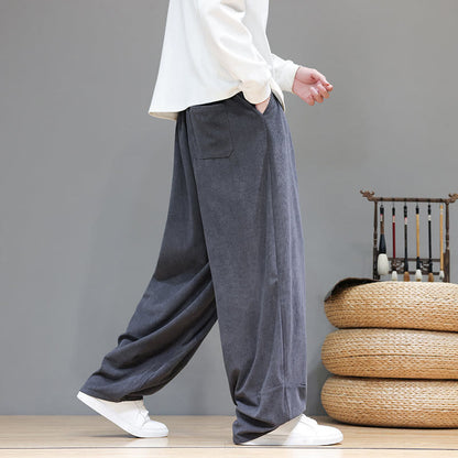 Buddha Stones Plain Color Pure Cotton Corduroy Men's Harem Pants With Pockets