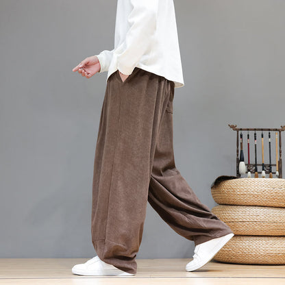 Buddha Stones Plain Color Pure Cotton Corduroy Men's Harem Pants With Pockets
