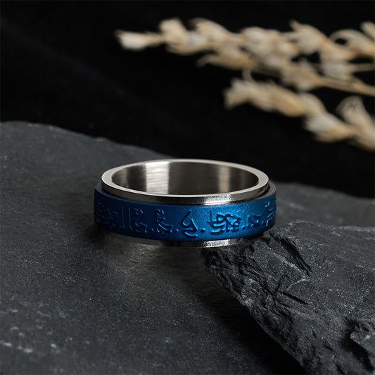 Buddha Stones Tibetan Scriptures Blue Pharmacist Mantra Titanium Steel Spinner Balance Ring