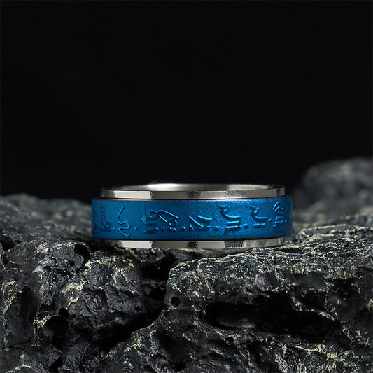 Buddha Stones Tibetan Scriptures Blue Pharmacist Mantra Titanium Steel Spinner Balance Ring