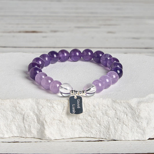 Buddha Stones Amethyst Rose Quartz Strawberry Quartz Good Luck Charm Bracelet