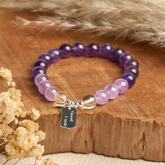 Buddha Stones Amethyst Rose Quartz Strawberry Quartz Good Luck Charm Bracelet