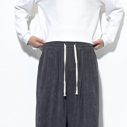 Buddha Stones Plain Drawstring Pure Cotton Corduroy Men's Harem Pants With Pockets