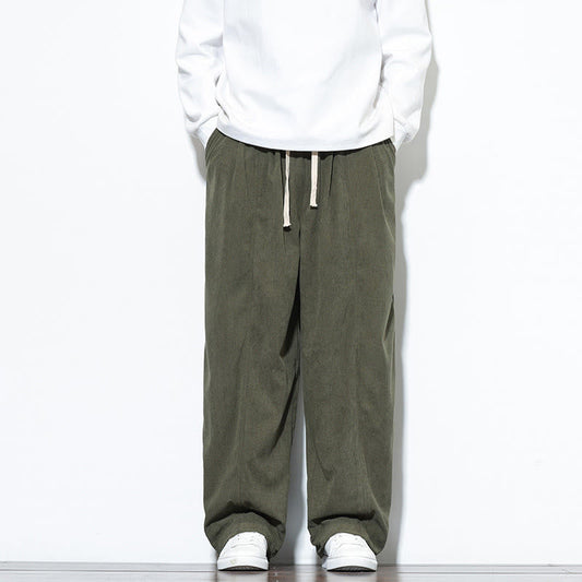 Buddha Stones Plain Drawstring Pure Cotton Corduroy Men's Harem Pants With Pockets