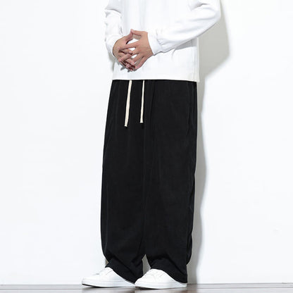 Buddha Stones Plain Drawstring Pure Cotton Corduroy Men's Harem Pants With Pockets