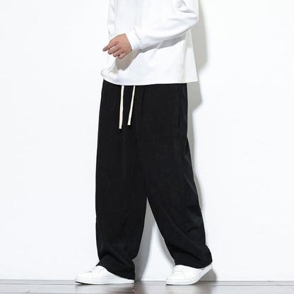 Buddha Stones Plain Drawstring Pure Cotton Corduroy Men's Harem Pants With Pockets