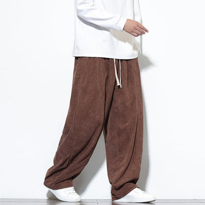 Buddha Stones Plain Drawstring Pure Cotton Corduroy Men's Harem Pants With Pockets