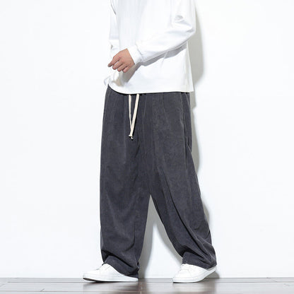 Buddha Stones Plain Drawstring Pure Cotton Corduroy Men's Harem Pants With Pockets