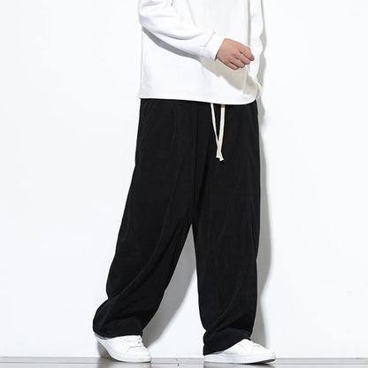 Buddha Stones Plain Drawstring Pure Cotton Corduroy Men's Harem Pants With Pockets