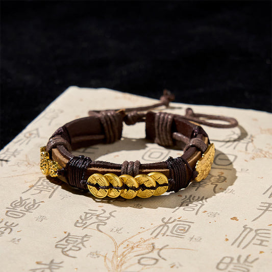 Buddha Stones Five-emperor Coins Pi Xiu Wealth Leather Rope Bracelet