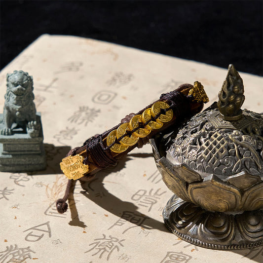 Buddha Stones Five-emperor Coins Pi Xiu Wealth Leather Rope Bracelet
