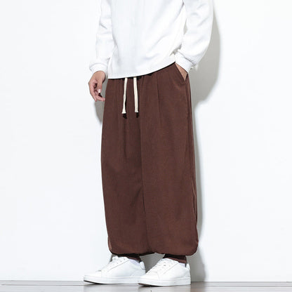 Buddha Stones Fall Plain Drawstring Simple Design Men's Harem Cotton Corduroy Pants With Pockets