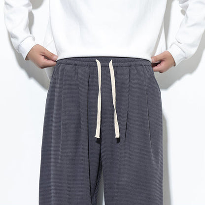 Buddha Stones Fall Plain Drawstring Simple Design Men's Harem Cotton Corduroy Pants With Pockets