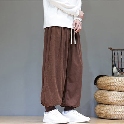 Buddha Stones Fall Plain Drawstring Simple Design Men's Harem Cotton Corduroy Pants With Pockets