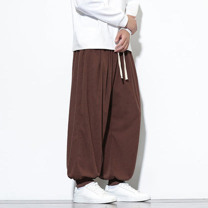 Buddha Stones Fall Plain Drawstring Simple Design Men's Harem Cotton Corduroy Pants With Pockets
